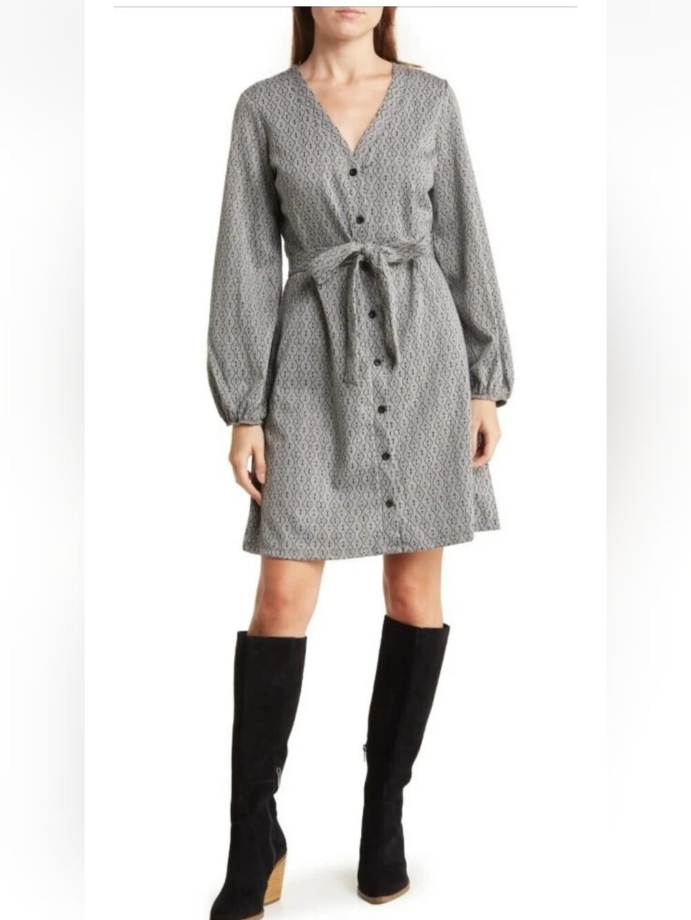 Lucky Brand Double Knit Long Sleeve Dress Grey Geo XL NWT
